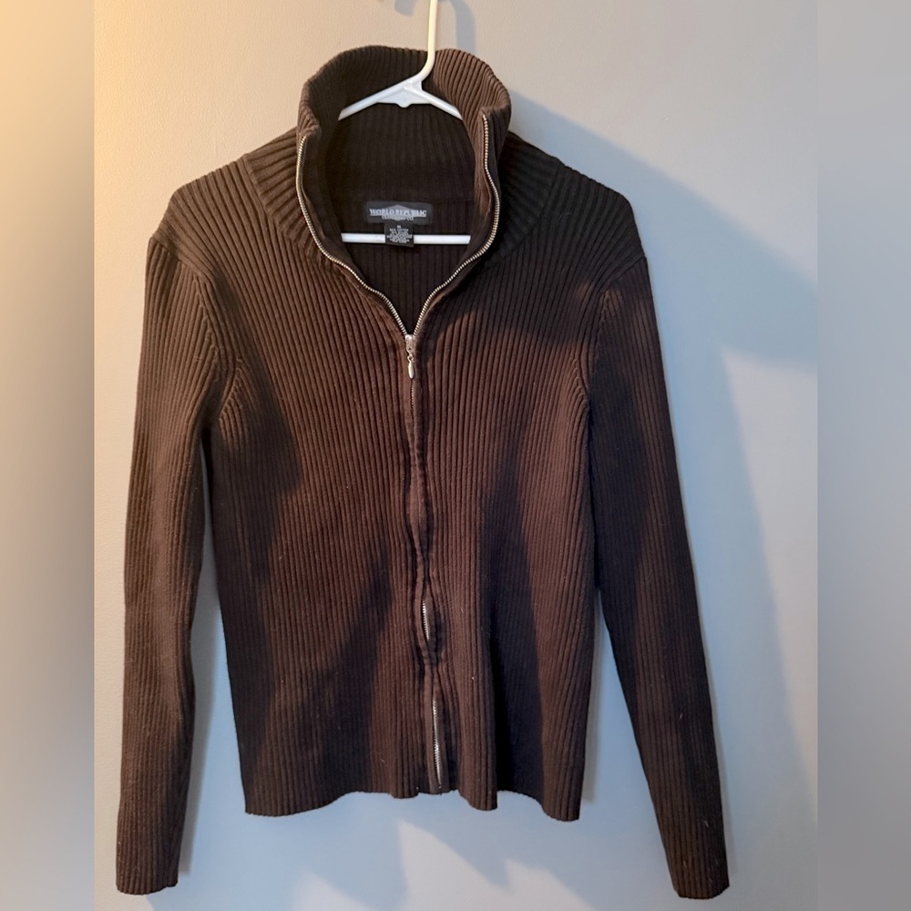 World Republic Fill Zip Cotton Blend Black Ribbed Cardigan‎ Womens Sz M